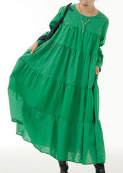 Loose Green O Neck Wrinkled Patchwork Cotton Dresses Spring