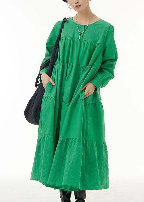 Loose Green O Neck Wrinkled Patchwork Cotton Dresses Spring