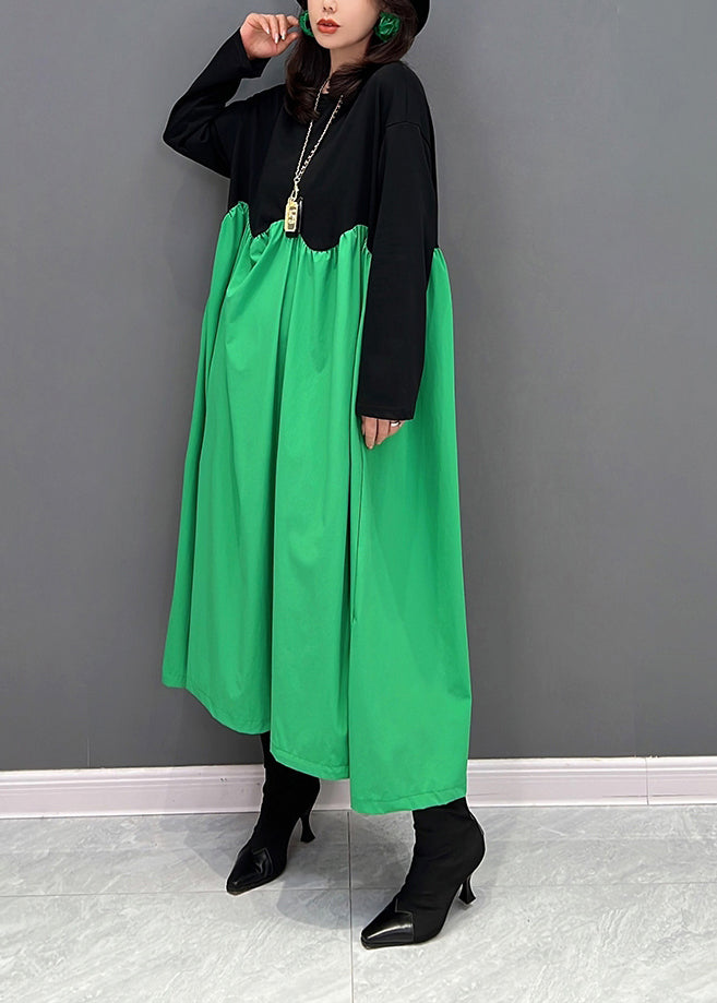 Loose Green O-Neck Wrinkled Patchwork Maxi Dresses Winter