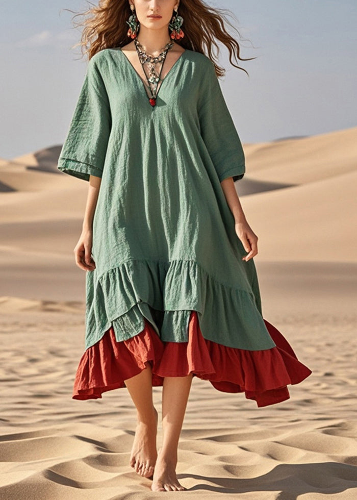 Loose Green Oversized Patchwork Cotton Maxi Dress Summer