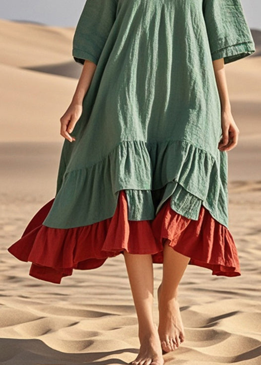 Loose Green Oversized Patchwork Cotton Maxi Dress Summer