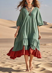 Loose Green Oversized Patchwork Cotton Maxi Dress Summer