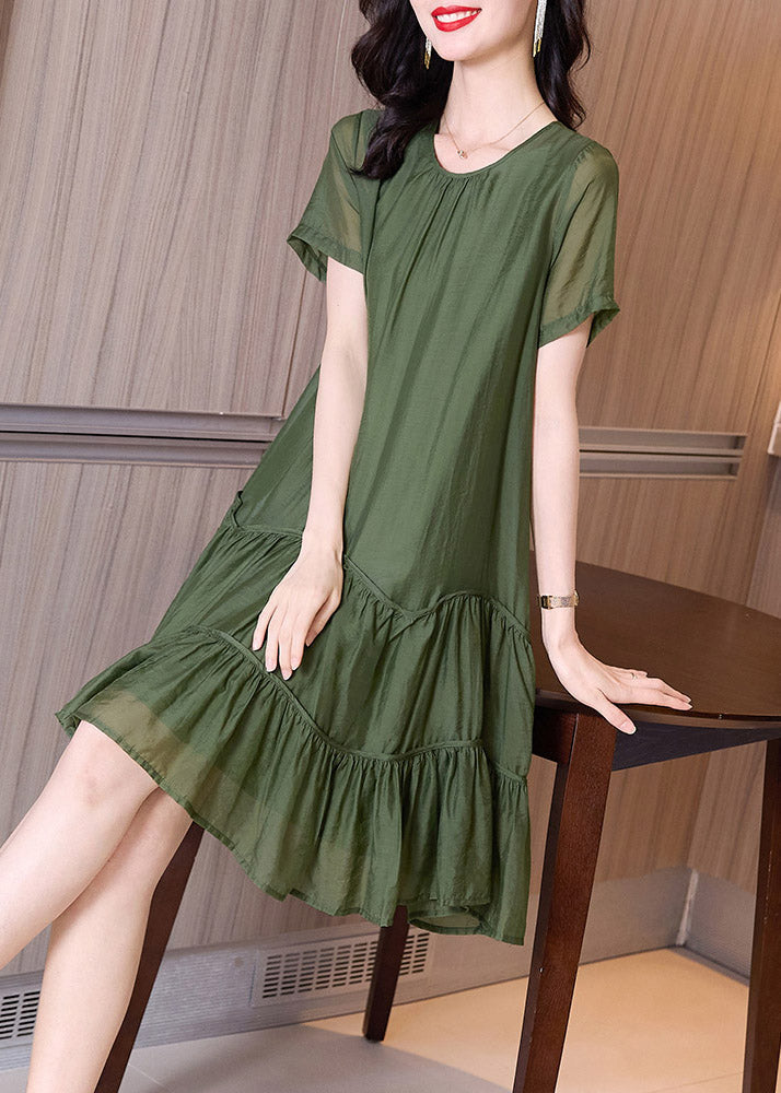 Loose Green Patchwork Wrinkled Solid Mid Dresses Summer