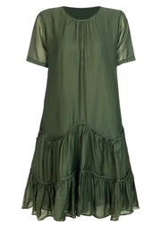 Loose Green Patchwork Wrinkled Solid Mid Dresses Summer