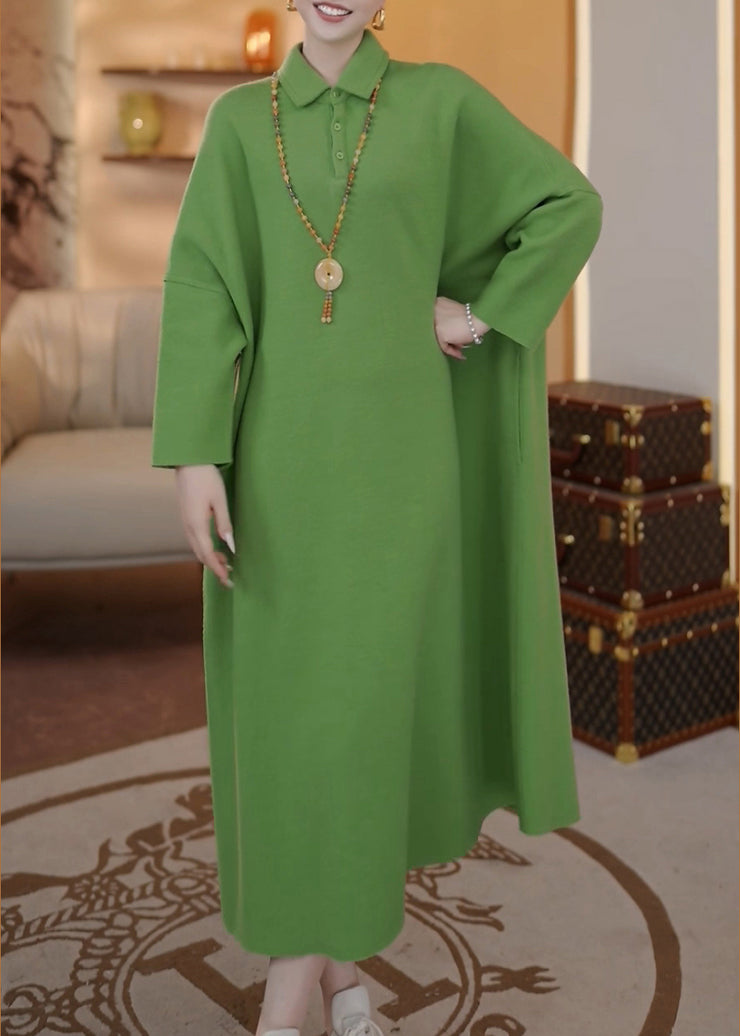 Loose Green Peter Pan Collar Button Cotton Long Dresses Batwing Sleeve