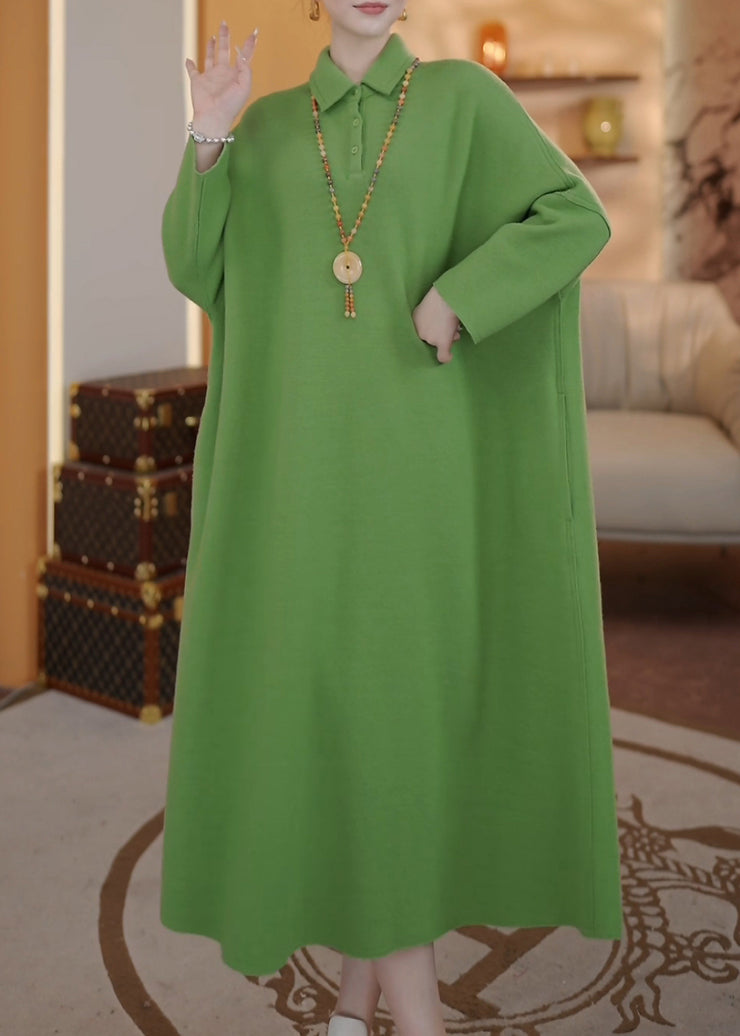 Loose Green Peter Pan Collar Button Cotton Long Dresses Batwing Sleeve