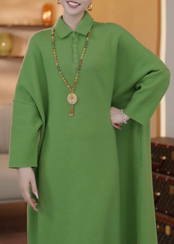 Loose Green Peter Pan Collar Button Cotton Long Dresses Batwing Sleeve