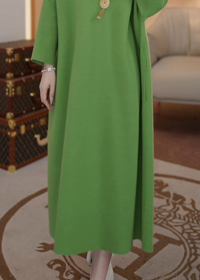 Loose Green Peter Pan Collar Button Cotton Long Dresses Batwing Sleeve