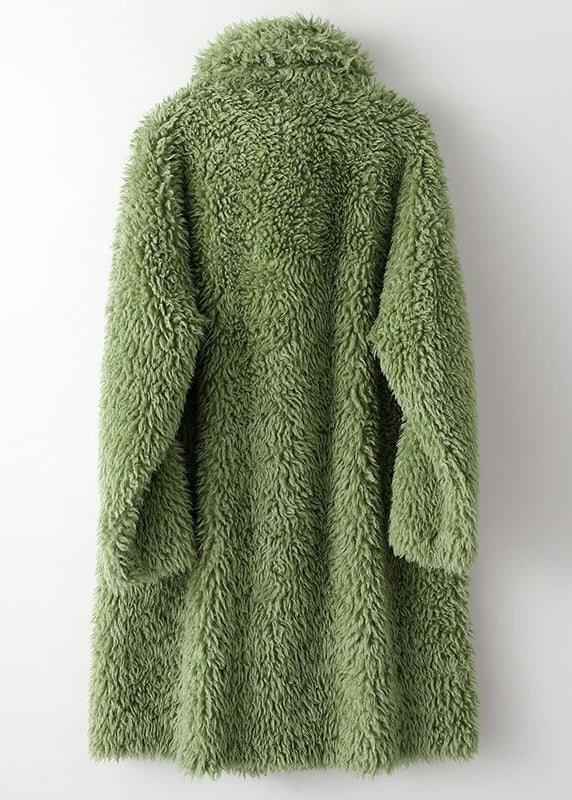 Loose Green Peter Pan Collar Button Long Faux Fur Coat Winter