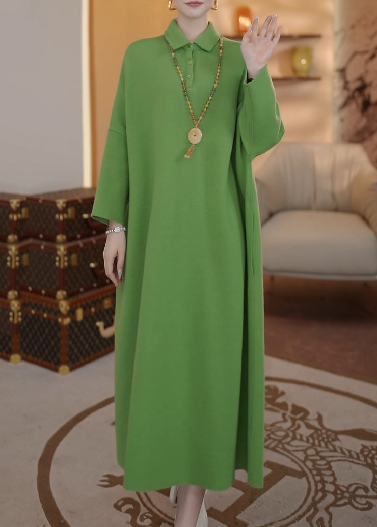 Loose Green Peter Pan Collar Button Thick Long Dresses Spring