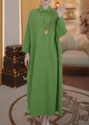 Loose Green Peter Pan Collar Button Thick Long Dresses Spring