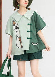 Loose Green Peter Pan Collar Print Button Cotton Shirt Short Sleeve