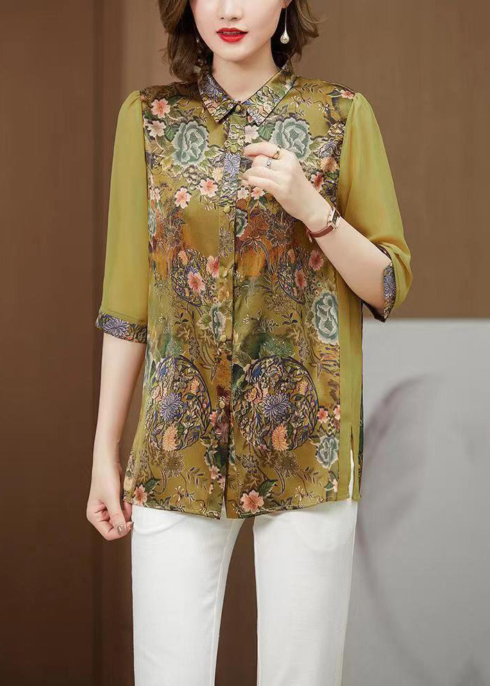 Loose Green Peter Pan Collar Print Silk Blouses Half Sleeve