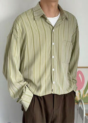 Loose Green Peter Pan Collar Striped Cotton Shirt Men Spring