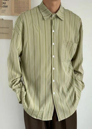 Loose Green Peter Pan Collar Striped Cotton Shirt Men Fall