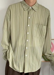 Loose Green Peter Pan Collar Striped Cotton Shirt Men Fall