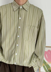 Loose Green Peter Pan Collar Striped Cotton Shirt Men Fall