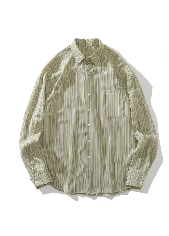 Loose Green Peter Pan Collar Striped Cotton Shirt Men Fall