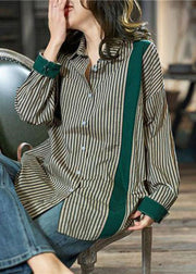 Loose Green Peter Pan Collar Striped Patchwork Cotton Top Spring