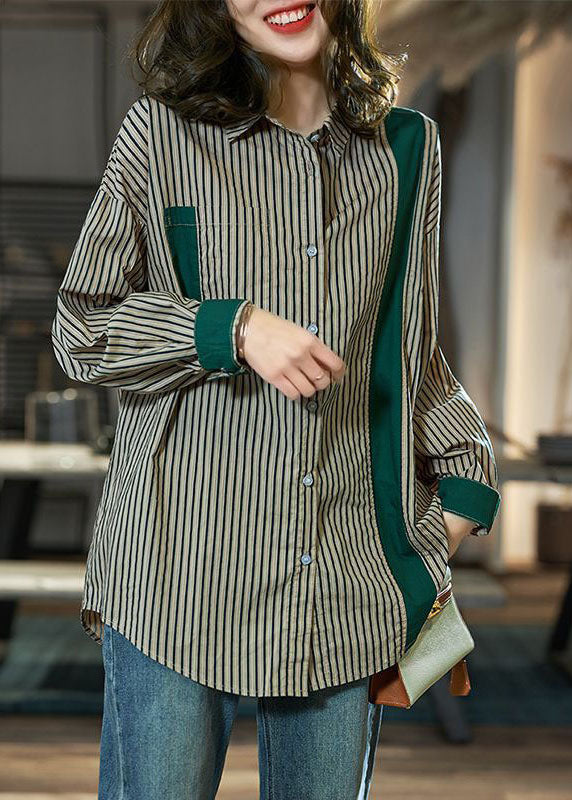 Loose Green Peter Pan Collar Striped Patchwork Cotton Top Spring