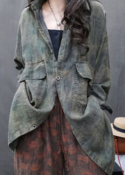 Loose Green Peter Pan Collar Tie Dye Pockets Coats Long Sleeve