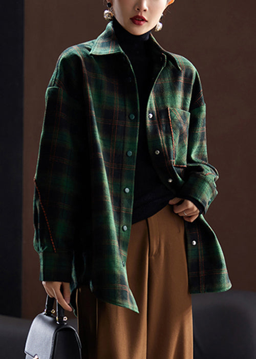 Loose Green Plaid Button Patchwork Woolen Shirt Spring