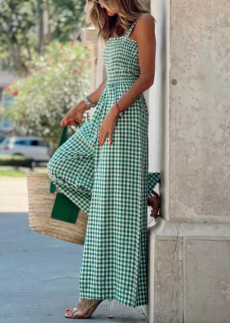 Loose Green Plaid High Waist Cotton Jumpsuits Sleeveless