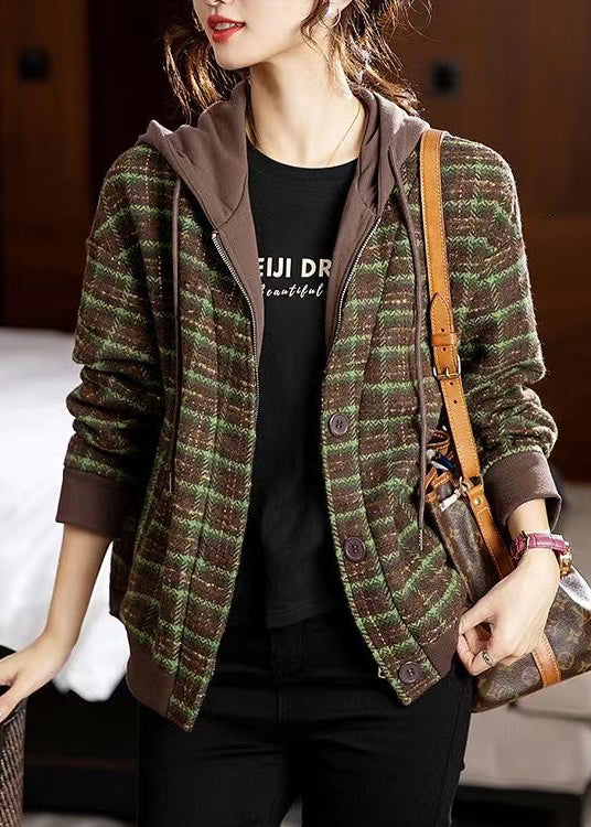 Loose Green Plaid Hooded Zippered Patchwork Cotton Coat Fall