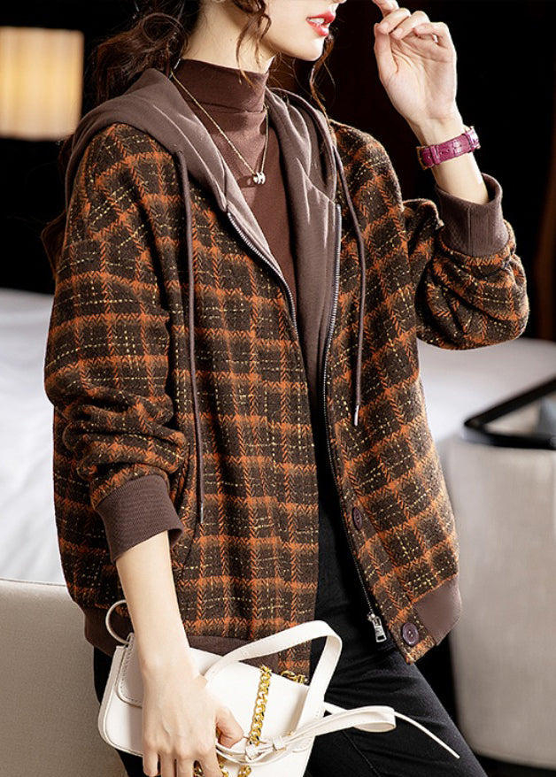 Loose Green Plaid Hooded Zippered Patchwork Cotton Coat Fall