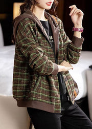 Loose Green Plaid Hooded Zippered Patchwork Cotton Coat Fall