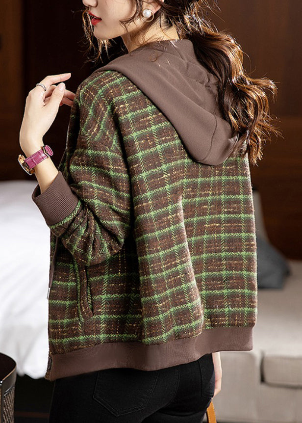 Loose Green Plaid Hooded Zippered Patchwork Cotton Coat Fall