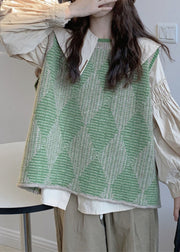 Loose Green Plaid Print Knit Waistcoat And Shirts Two Pieces Set Fall