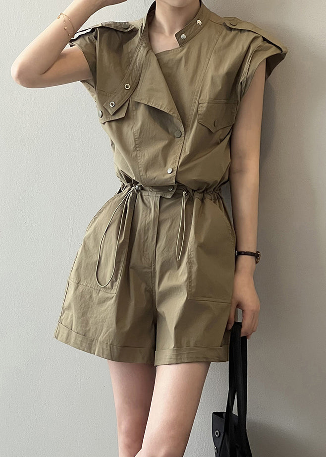 Loose Green Pockets Drawstring Linen Jumpsuit Summer