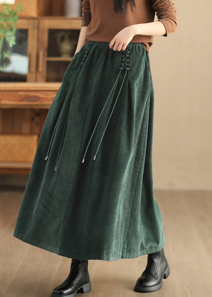 Loose Green Pockets Elastic Waist Corduroy Skirts Spring