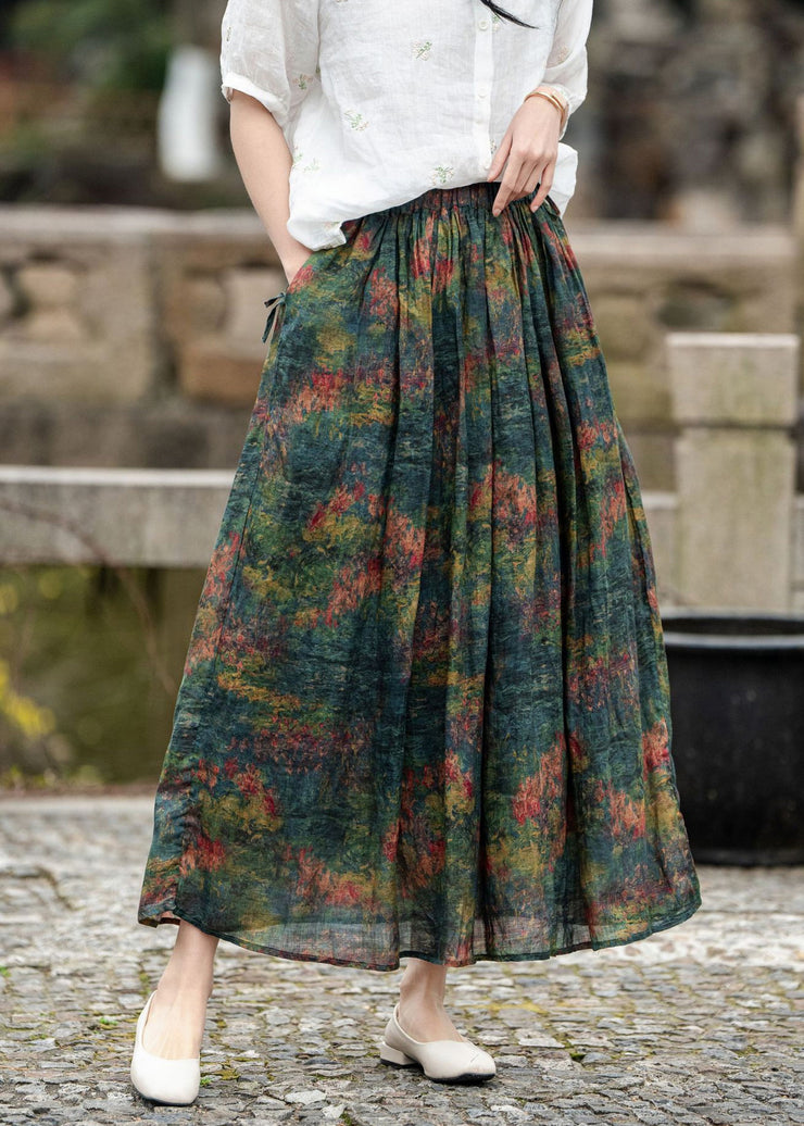 Loose Green Pockets Print Elastic Waist Linen Skirt Summer