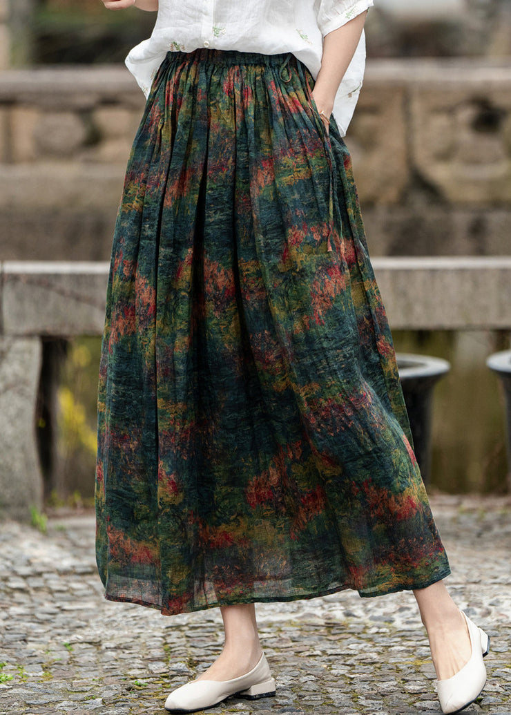 Loose Green Pockets Print Elastic Waist Linen Skirt Summer