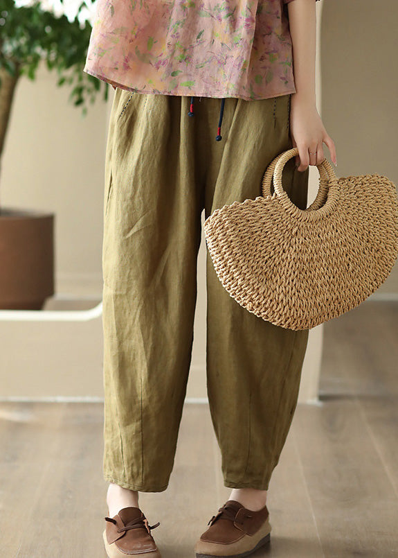 Loose Green Pockets Tie Waist Linen Wide Leg Pants