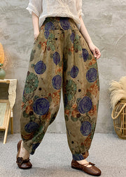 Loose Green Print Elastic Waist Cotton Crop Pants Summer