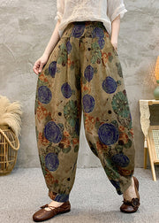 Loose Green Print Elastic Waist Cotton Crop Pants Summer