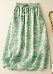 Loose Green Print Elastic Waist Cotton Skirt Summer