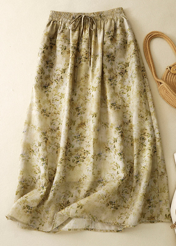 Loose Green Print Elastic Waist Cotton Skirt Summer