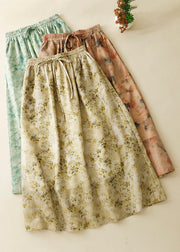 Loose Green Print Elastic Waist Cotton Skirt Summer