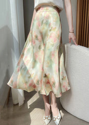 Loose Green Print High Waist Silk Skirt Summer