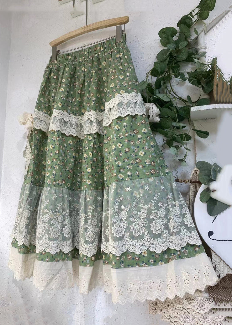 Loose Green Print Lace Elastic Waist Patchwork Skirts Summer