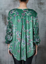 Loose Green Print Low High Design Silk Velour Shirt Spring