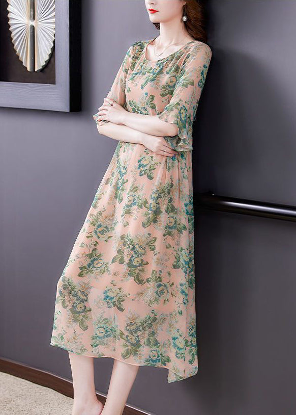 Loose Green Print O Neck High Waist Chiffon Dress Half Sleeve