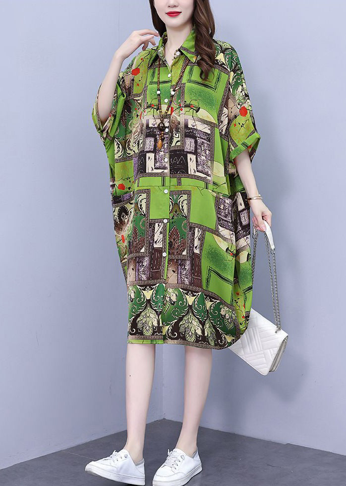 Loose Green Print Pockets Cotton Shirts Dress Half Sleeve