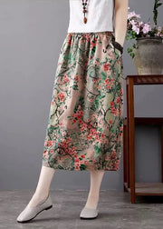 Loose Green Print Pockets Elastic Waist Cotton Skirt Summer