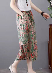 Loose Green Print Pockets Elastic Waist Cotton Skirt Summer