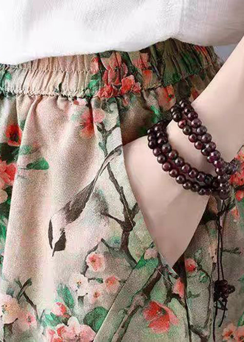 Loose Green Print Pockets Elastic Waist Cotton Skirt Summer
